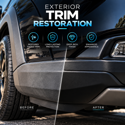 Close-up of a black vehicle front bumper and side trim with a before/after comparison graphic and text reading 'EXTERIOR TRIM RESTORATION' and feature icons.