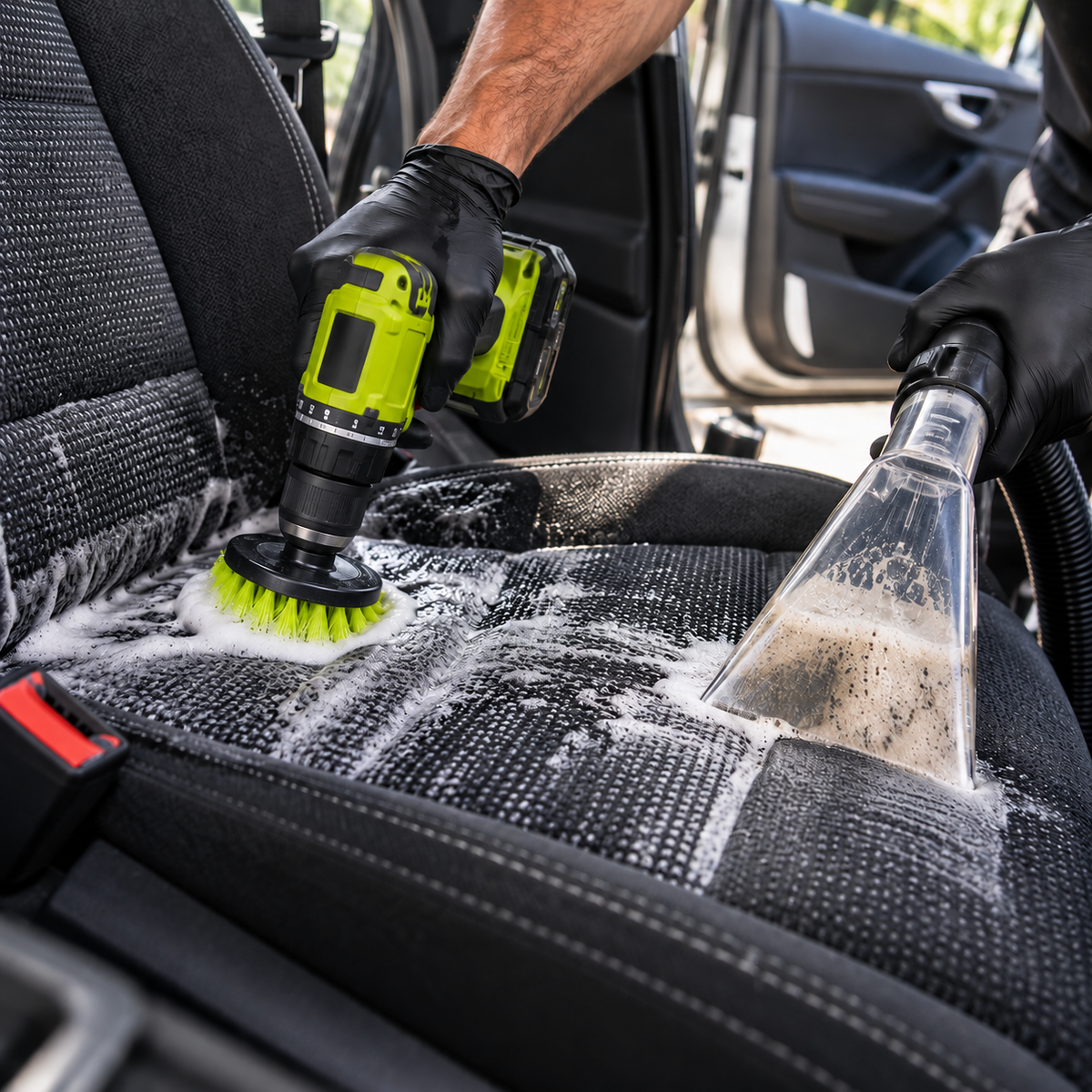 A cordless drill with a green and black rotary brush attachment is being used to clean a soapy car seat, while a hose connected to a vacuum cleans the extracted dirt. A person wearing black gloves is operating the tool in a real car interior.